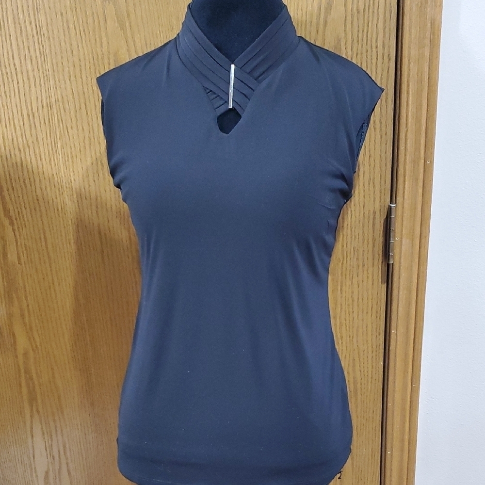 Tahari Black Cut-Out Fitted Sleeveless Top with Mandarin Collar